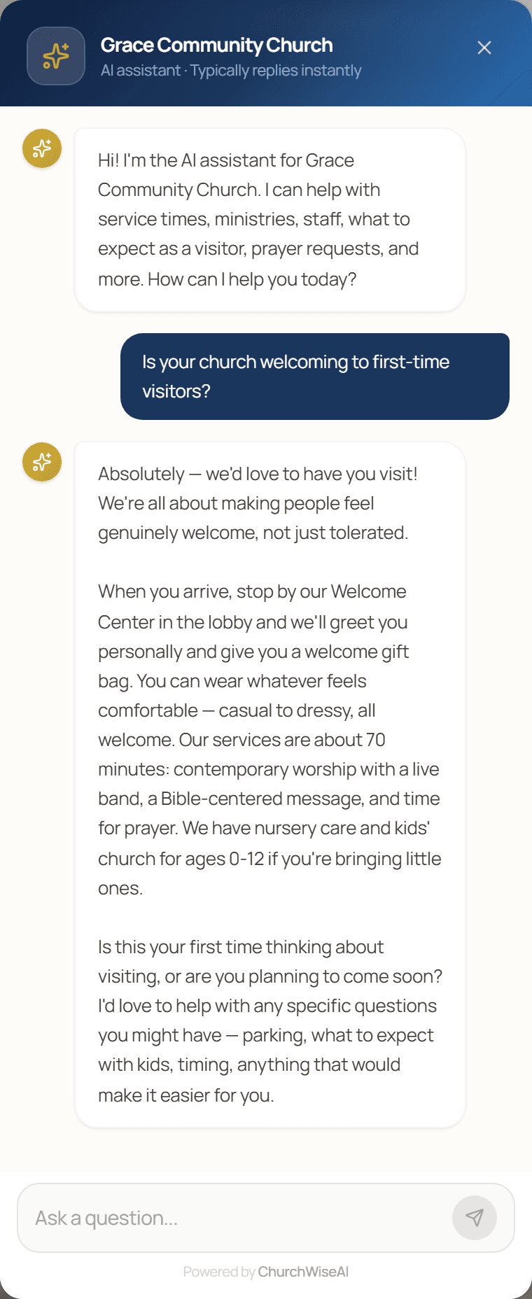 Live example of the Pro Website chat widget. A visitor asks 'Is your church welcoming to first-time visitors?' and the AI assistant responds warmly with practical details about arriving, dress, service length, parking, and childcare.