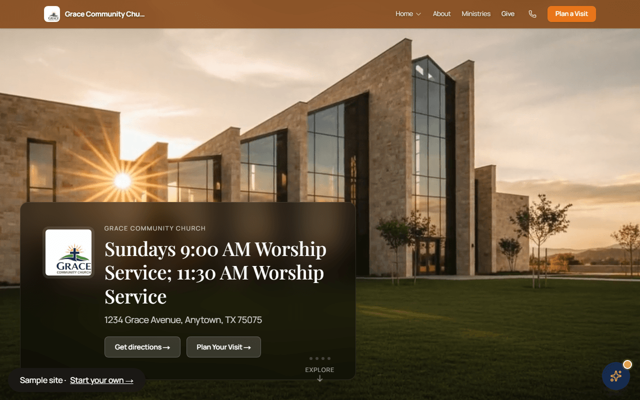 Screenshot of grace-community.john316.church, a live, published ChurchWiseAI Pro Website built on the Protestant Modern template